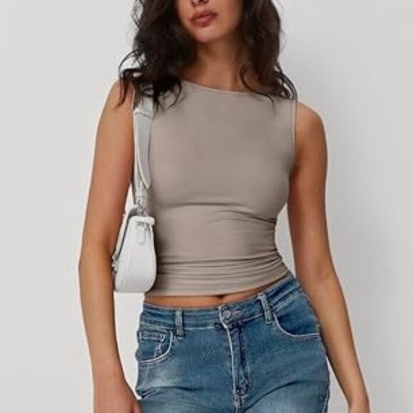 Tops - Coffee Gray Boatneck Sleeveless Shirt